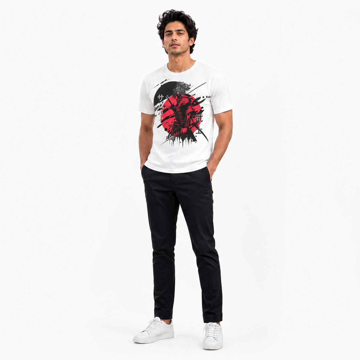 Japanese samurai warrior graphic t-shirt white – rising sun ink art – QuickPress Apparel