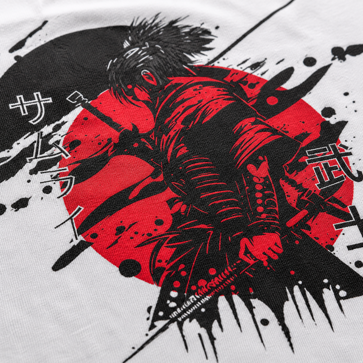 Rising sun samurai ink splatter graphic tee design – Japanese kanji shirt
