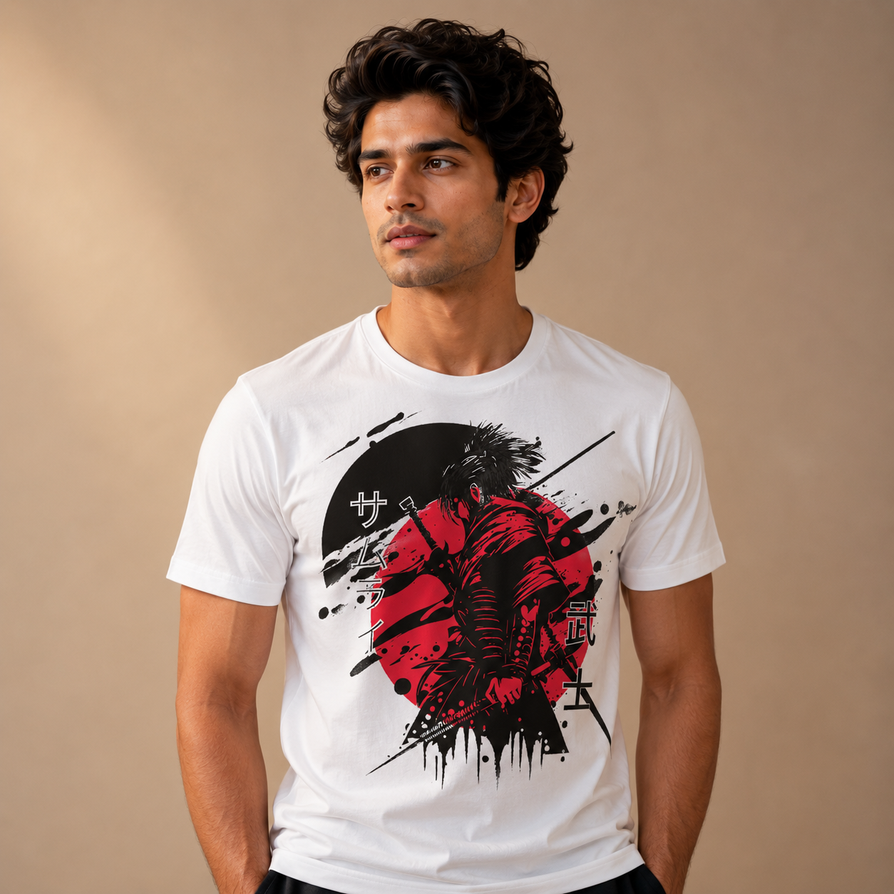 Man wearing Japanese samurai graphic tee – bushido streetwear t-shirt white