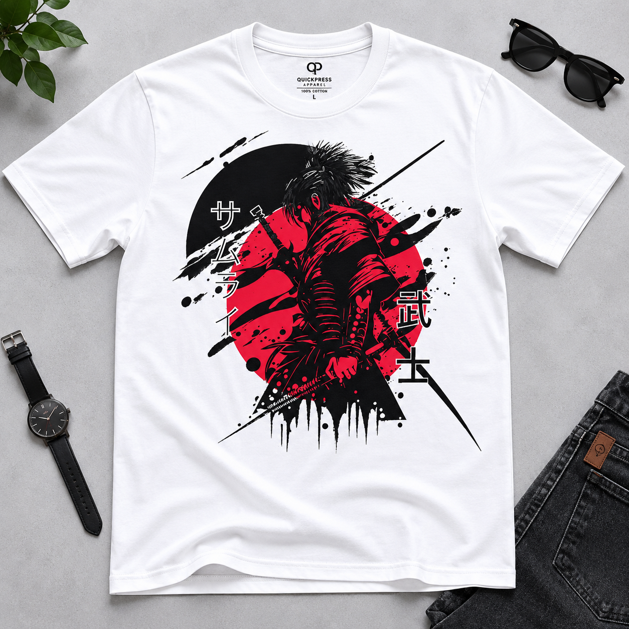 Rising sun samurai ink splatter graphic tee design – Japanese kanji shirt