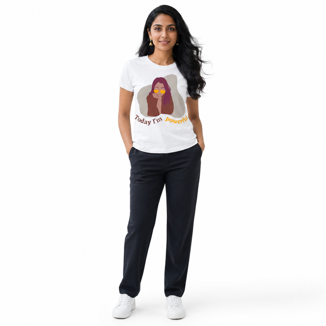 "Today I'm Powerful women's white graphic t-shirt with boho illustration of confident woman in golden sunglasses — QuickPress Apparel"