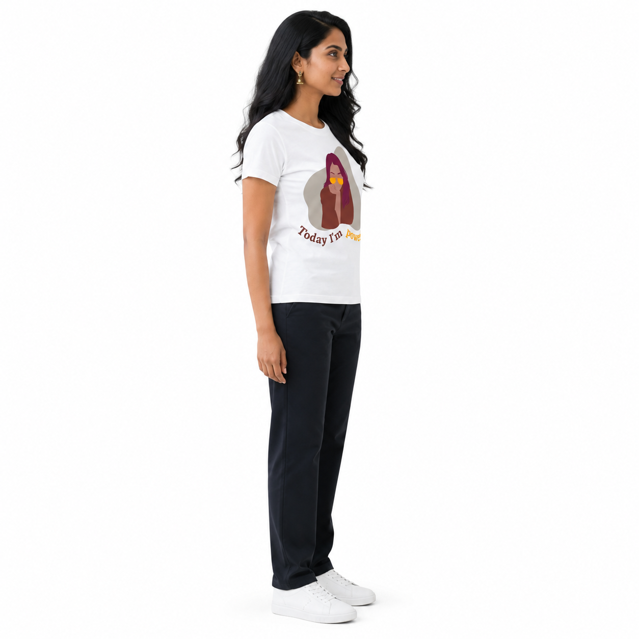 "Today I'm Powerful women's white graphic t-shirt with boho illustration of confident woman in golden sunglasses — QuickPress Apparel"