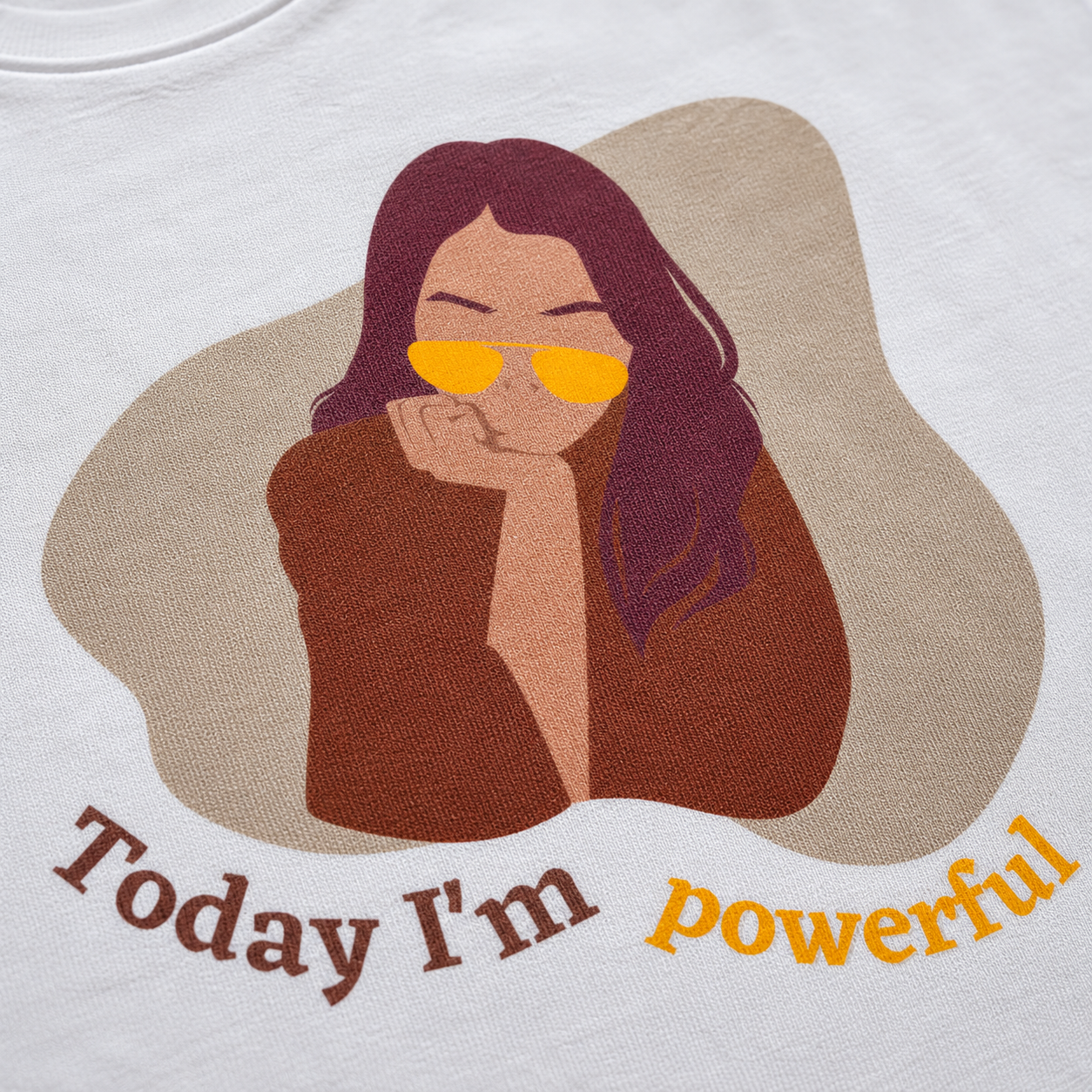 "Close-up of powerful woman illustration graphic print — golden sunglasses, burgundy hair, earthy palette DTG print tee"