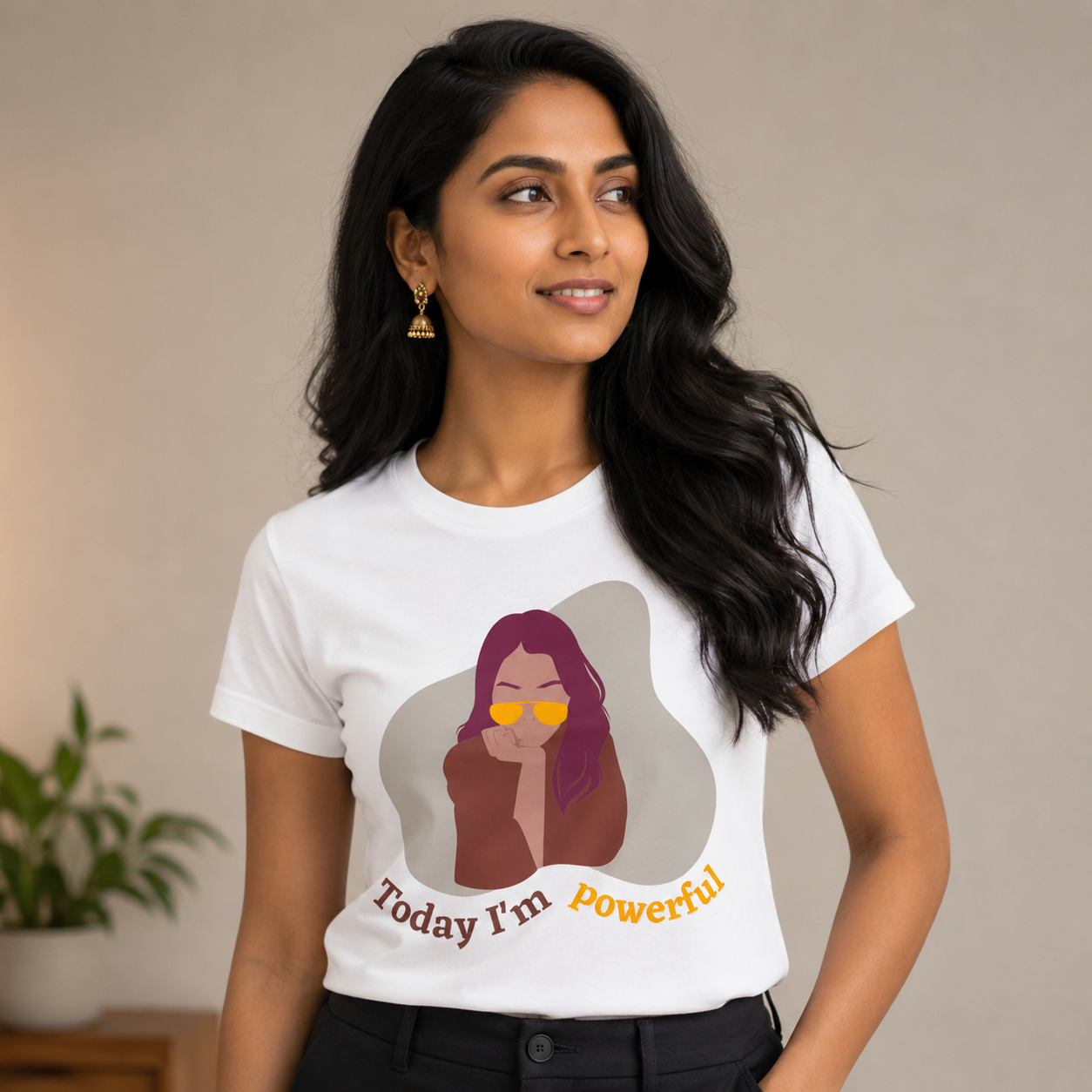 "Woman wearing white Today I'm Powerful graphic t-shirt, feminist empowerment clothing by QuickPress Apparel"