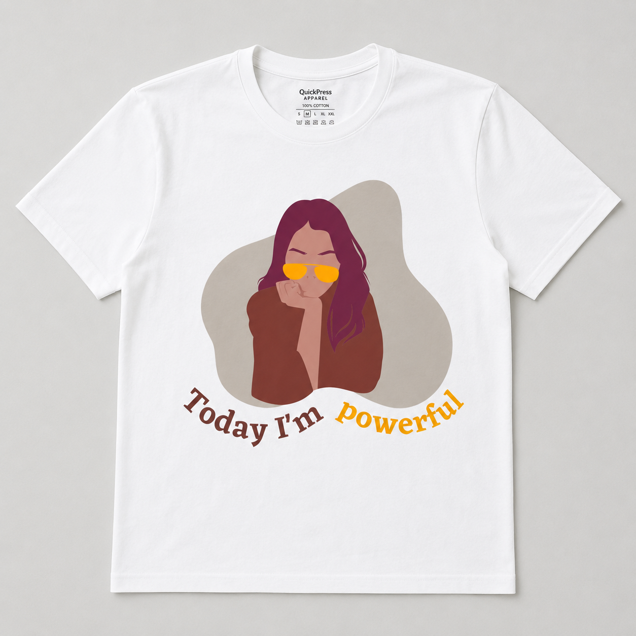 "White empowerment graphic tee flat lay — Today I'm Powerful quote with earth tone illustration by QuickPress Apparel"