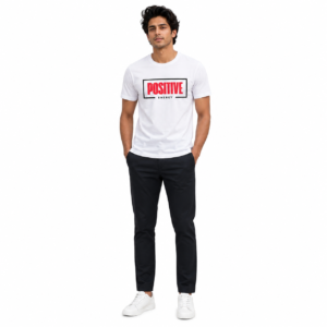Positive Energy men's white graphic t-shirt front view