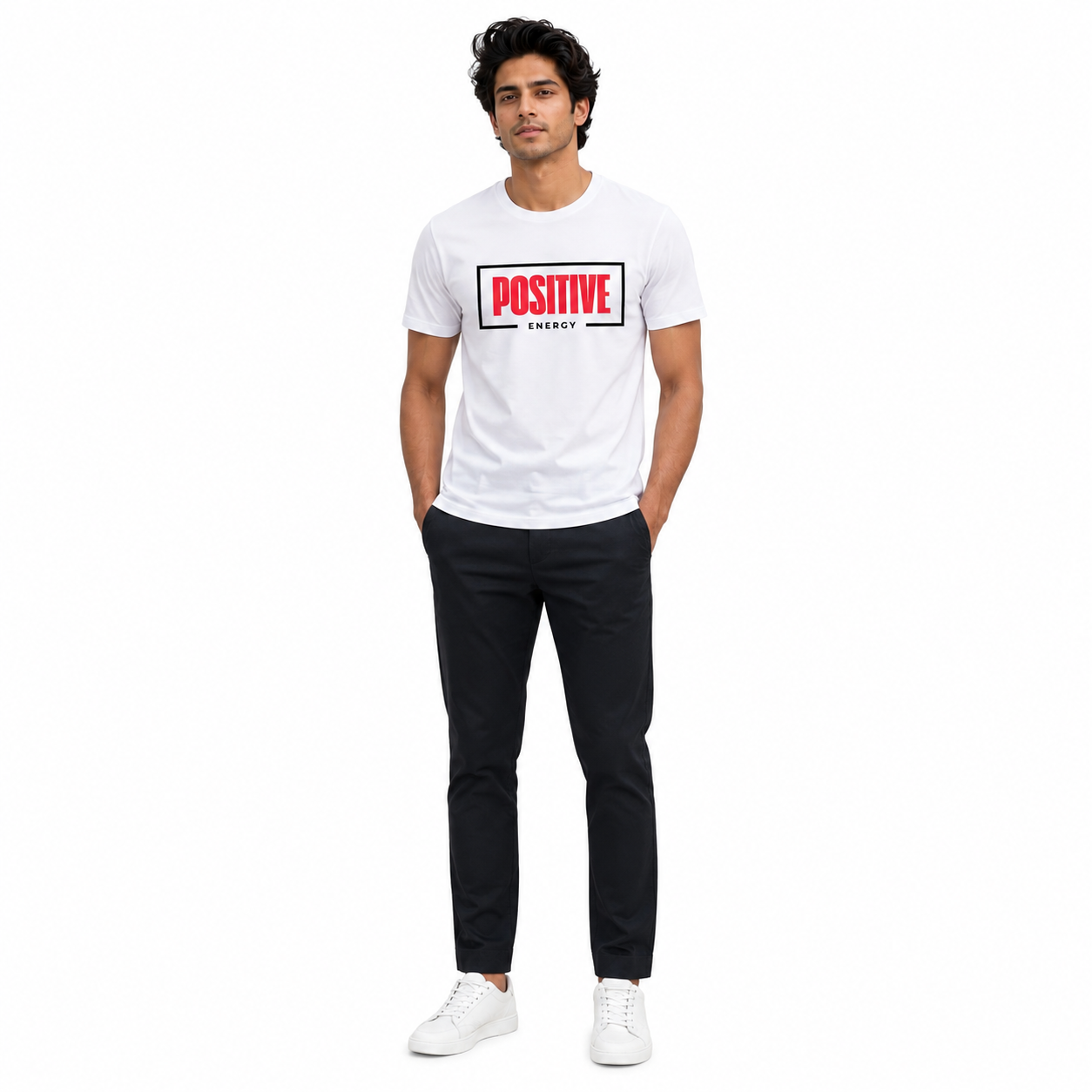 Positive Energy men's white graphic t-shirt front view