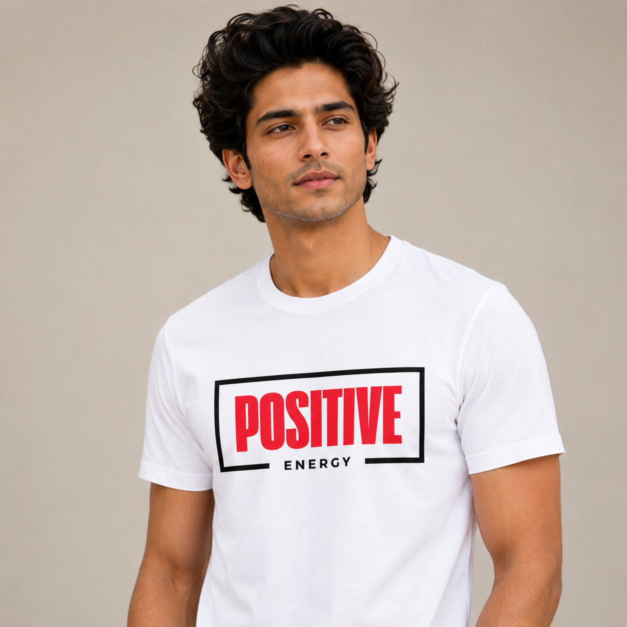 Male model wearing Positive Energy white t-shirt regular fit